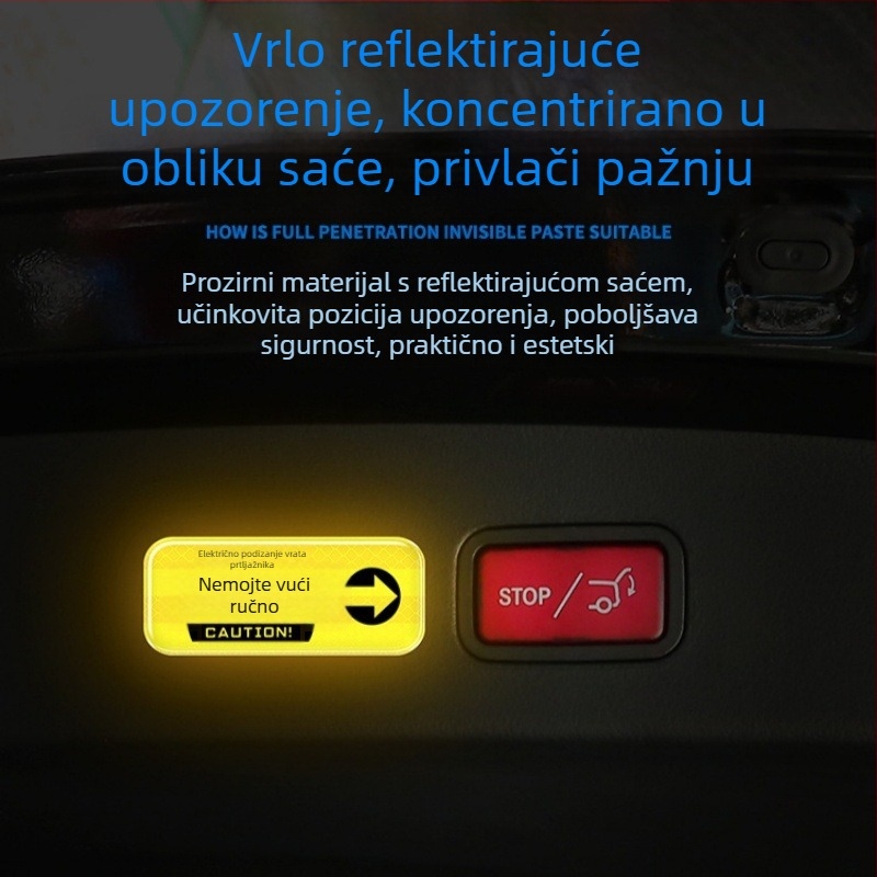 Naljepnica upozorenja na otvaranje prtljažnika, reflektirajuća upozoravajuća naljepnica, ljepilo, za električni stražnji podizni poklopac