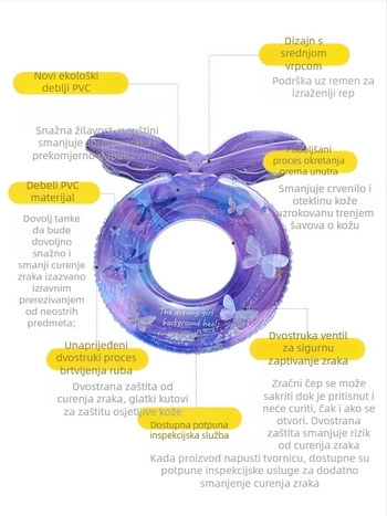 Dječji plivački prsten s osloncem u obliku leptira, karikaturna dizajn, PVC ekološki prihvatljiv, debljina 21 mil, ručno nadušenje