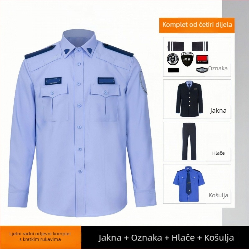 Muška ljetna službena košulja za sigurnosne uniforme — vlage-odbijanje, glavni materijal 99% pamuk, obična tkanina, podstava 99,8% poliester/0,2% vodljiva vlakna, kratkih ili dugih rukava, ljeto 2025