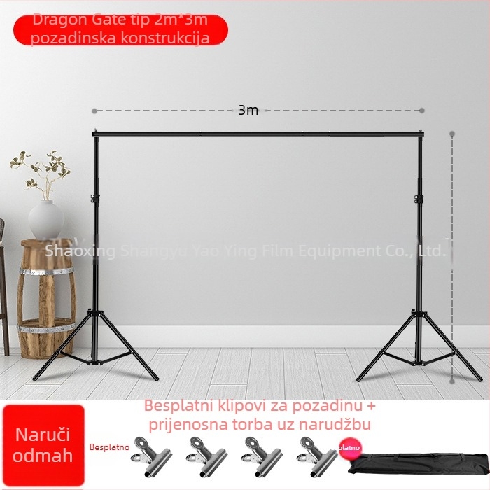 Pozadinski stalak za fotografiju i videografiju, teleskopska T-oblik podrška, za prijenos uživo (materijal: aluminij, željezo, plastika; namjena: uživo emitiranje, fotografiranje; paket sadrži: nosač + poprečna šipka)