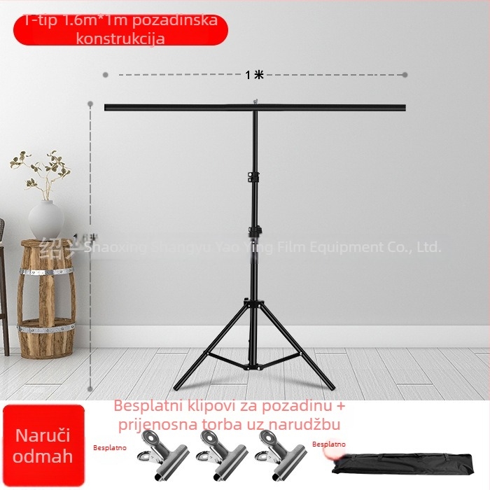 Pozadinski stalak za fotografiju i videografiju, teleskopska T-oblik podrška, za prijenos uživo (materijal: aluminij, željezo, plastika; namjena: uživo emitiranje, fotografiranje; paket sadrži: nosač + poprečna šipka)