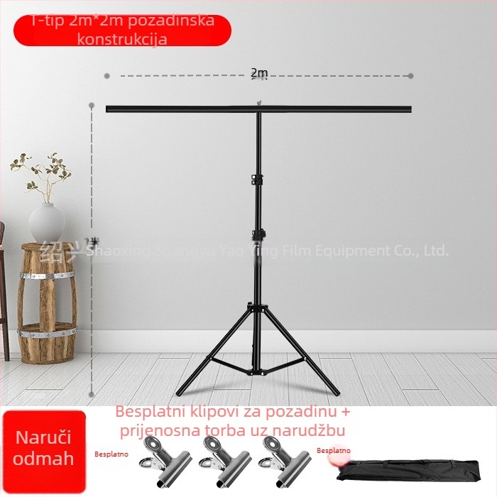 Pozadinski stalak za fotografiju i videografiju, teleskopska T-oblik podrška, za prijenos uživo (materijal: aluminij, željezo, plastika; namjena: uživo emitiranje, fotografiranje; paket sadrži: nosač + poprečna šipka)