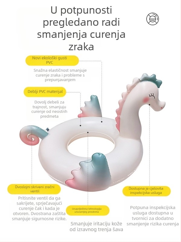 Dječji nafukljivi plivački prsten u obliku morskog konjića s sjenilom-sjedalom, ekološki PVC 0,21 mm, životinjski uzorak, za plivanje i hodanje po vodi