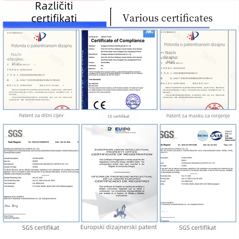 HD maska za ronjenje s integriranom silikonskom zaštitom nosa; materijali: tekući silikon, PC, kaljeno staklo; marka ASY