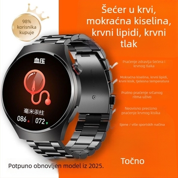 Pametni sat za zdravlje: neinvazivno mjerenje šećera u krvi, krvnog tlaka i otkucaja srca, praćenje sna, praćenje mokraćne kiseline i lipida (TFT zaslon, kućište od aluminijske legure, bežično punjenje, trajanje baterije do 7 dana, svakodnevna vodootpornos
