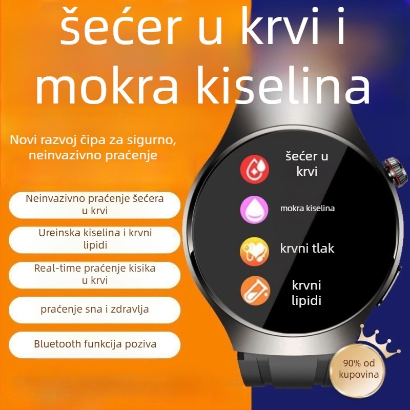 Pametni sat za zdravlje: neinvazivno mjerenje šećera u krvi, krvnog tlaka i otkucaja srca, praćenje sna, praćenje mokraćne kiseline i lipida (TFT zaslon, kućište od aluminijske legure, bežično punjenje, trajanje baterije do 7 dana, svakodnevna vodootpornos