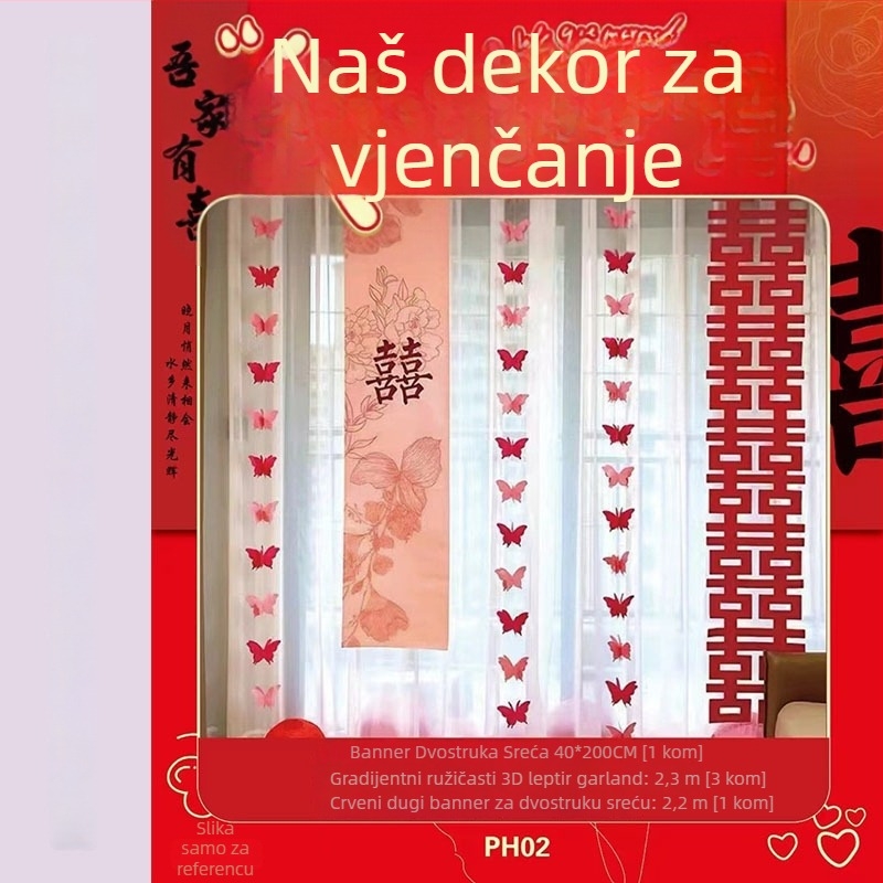 Dekorativni rekviziti za uređenje prostora vjenčanja - pozadinski banner od trake sa simbolima dvostrukog sreće (Materijal: traka; Namjena: svadbena dekoracija; Nije uvezeno)