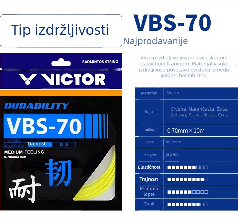 Victor strune za badminton reket — Ofenzivna Feather Line, visoka elastičnost, izdržljivost, modeli VBS63/66/68/69/70