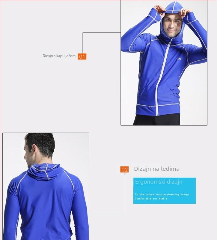 Unisex rash guard od najlona s dužim rukavima, kapuljom i prednjim zatvaračem - UV zaštita, brzo sušenje, za ronjenje i plivanje