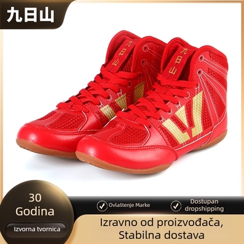 Cipele za hrvanje s visokim gornjim dijelom, đon od teleće tetive, gornji dio od umjetne PU kože, tehnologija ublažavanja udara ljepilom, ravna peta