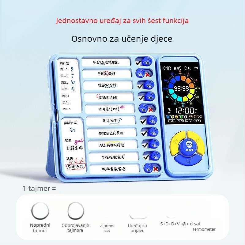 Uređaj za samodisciplinu učenika s rasporedom nastave i upravljanjem vremenom; Elektronički pogon, LED zaslon s pokazivačem, Alarm/Kalendar/Kronograf, Napajanje baterijom, Plastično kućište