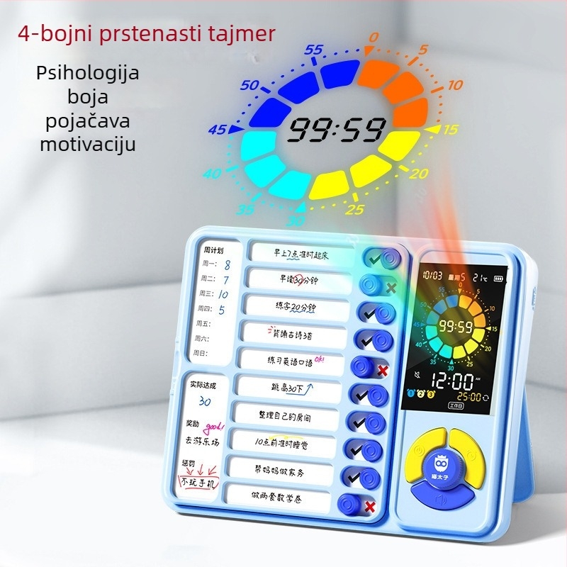 Uređaj za samodisciplinu učenika s rasporedom nastave i upravljanjem vremenom; Elektronički pogon, LED zaslon s pokazivačem, Alarm/Kalendar/Kronograf, Napajanje baterijom, Plastično kućište