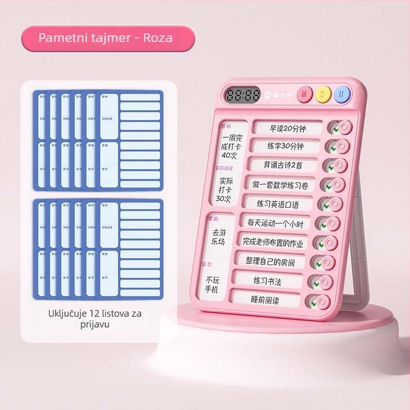 Uređaj za samodisciplinu učenika s rasporedom nastave i upravljanjem vremenom; Elektronički pogon, LED zaslon s pokazivačem, Alarm/Kalendar/Kronograf, Napajanje baterijom, Plastično kućište