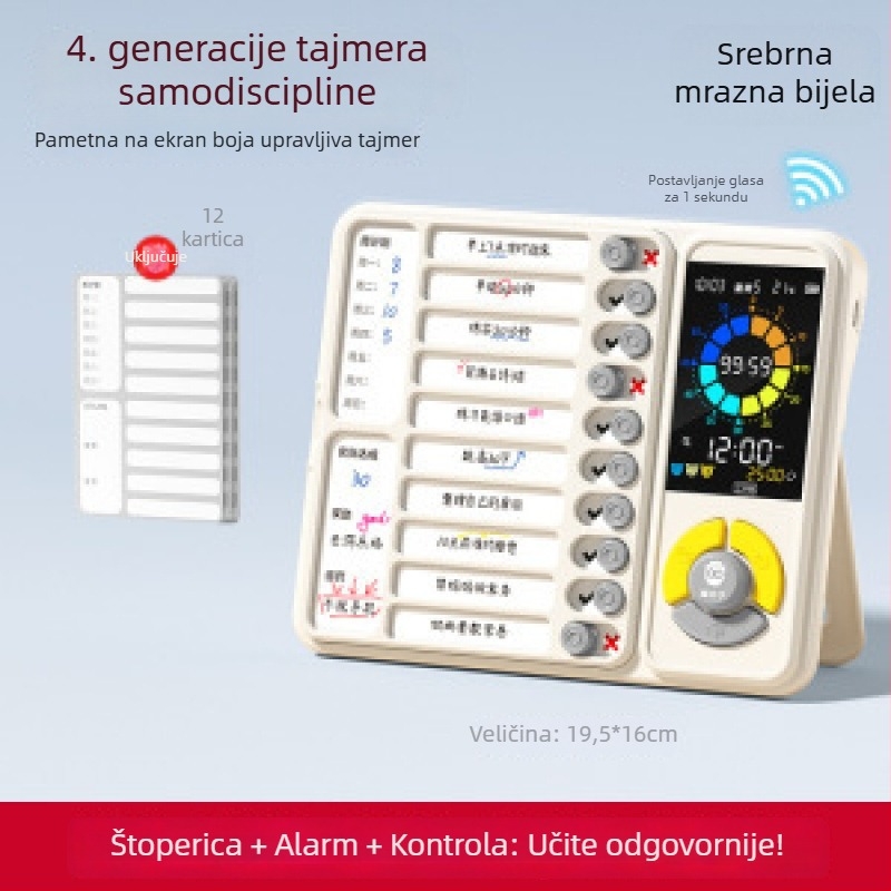 Uređaj za samodisciplinu učenika s rasporedom nastave i upravljanjem vremenom; Elektronički pogon, LED zaslon s pokazivačem, Alarm/Kalendar/Kronograf, Napajanje baterijom, Plastično kućište