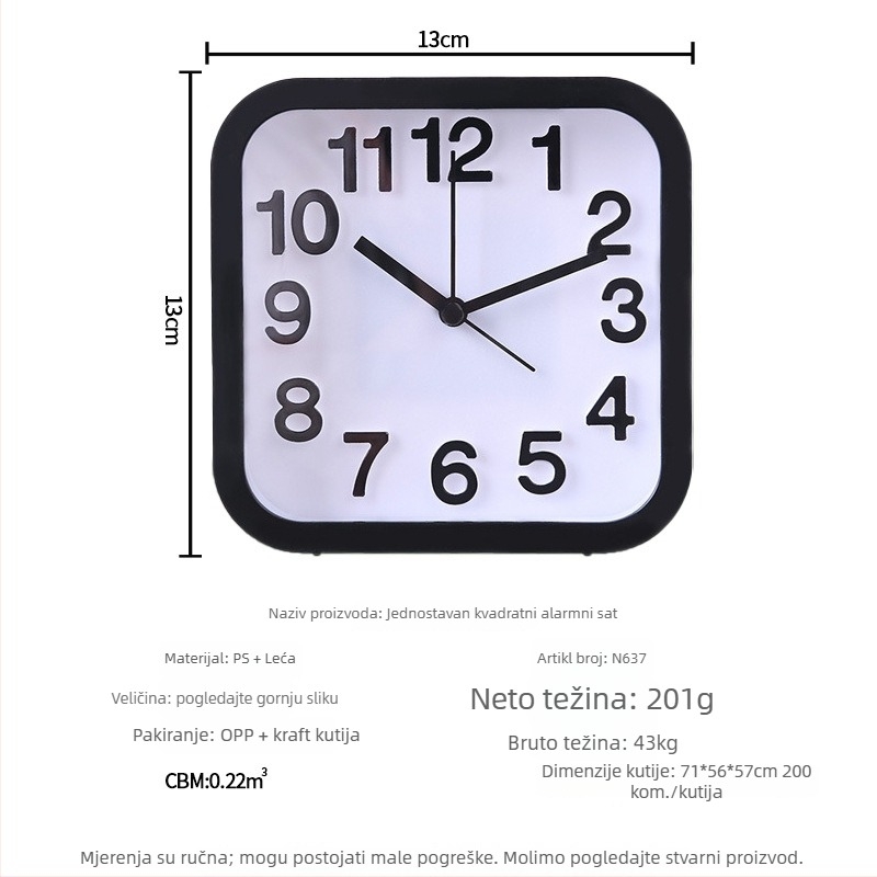 Budilnik za učenike — tih na noćnom ormariću, kvadratni stolni sat s jednostavnim minimalističkim dizajnom, analogni prikaz, napajanje baterijom, skok sekundama