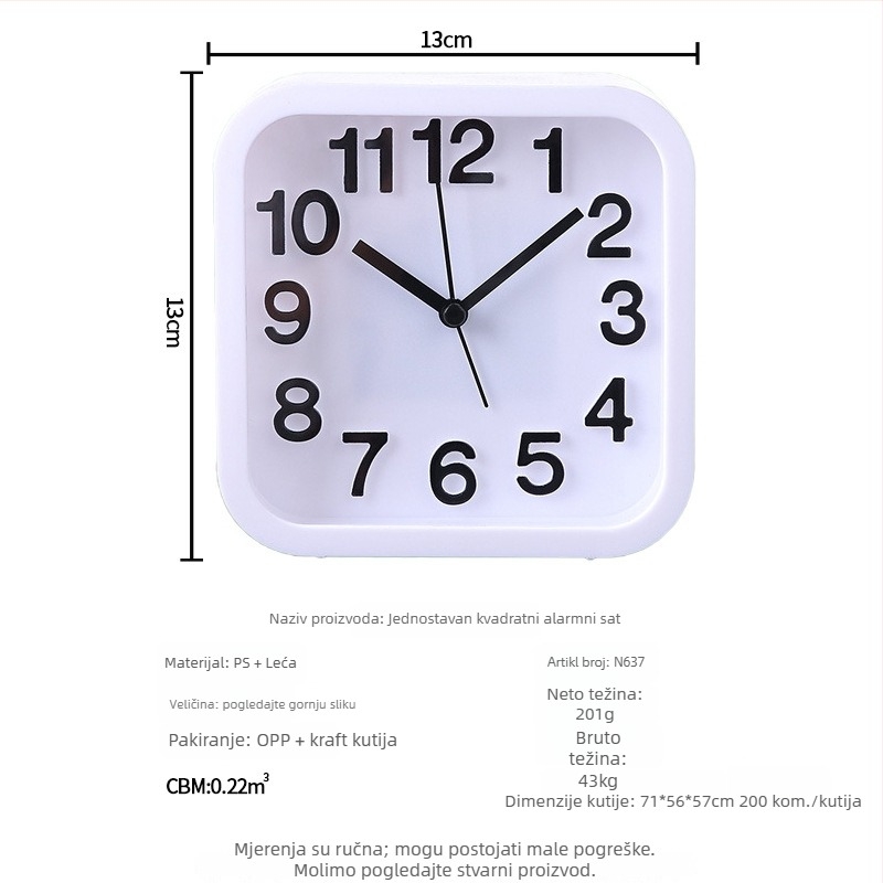 Budilnik za učenike — tih na noćnom ormariću, kvadratni stolni sat s jednostavnim minimalističkim dizajnom, analogni prikaz, napajanje baterijom, skok sekundama