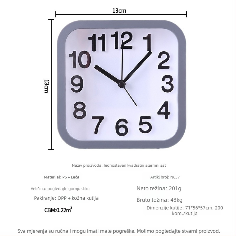 Budilnik za učenike — tih na noćnom ormariću, kvadratni stolni sat s jednostavnim minimalističkim dizajnom, analogni prikaz, napajanje baterijom, skok sekundama