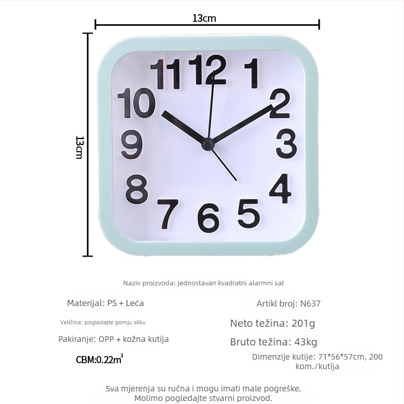 Budilnik za učenike — tih na noćnom ormariću, kvadratni stolni sat s jednostavnim minimalističkim dizajnom, analogni prikaz, napajanje baterijom, skok sekundama