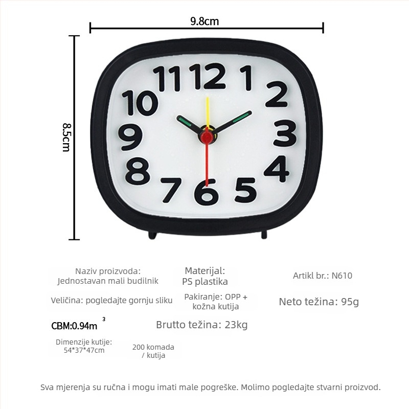 Budilnik za učenike — tih na noćnom ormariću, kvadratni stolni sat s jednostavnim minimalističkim dizajnom, analogni prikaz, napajanje baterijom, skok sekundama