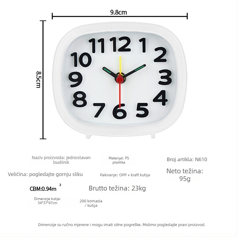 Budilnik za učenike — tih na noćnom ormariću, kvadratni stolni sat s jednostavnim minimalističkim dizajnom, analogni prikaz, napajanje baterijom, skok sekundama