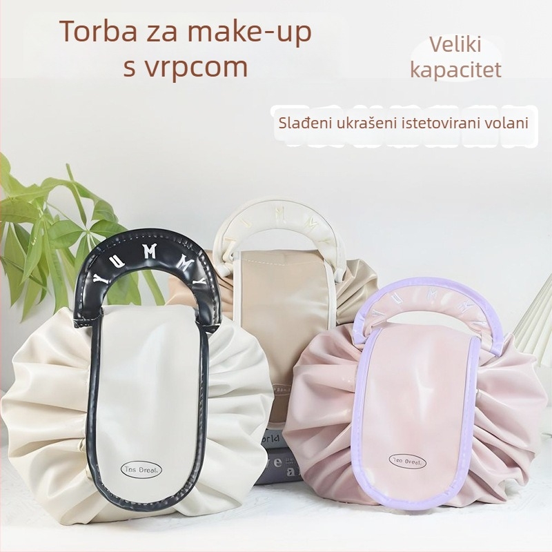 Kozmetička torbica, velika kapaciteta, PU materijal, vodootporna, zatvarač na šnuru, za putovanja i pohranu šminke, moderan minimalistički dizajn