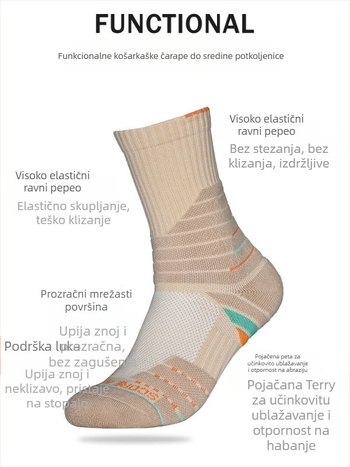 Muške košarkaške čarape, srednje dužine, debeli pamuk, frotirni donji dio, elitne visokog kroja