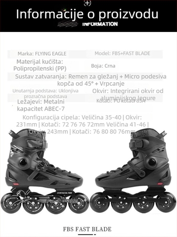 Flying Eagle rolseri - gornji dio od PU mreže, đon PE, kotači u jednom redu, PU kotači visoke reakcije, unisex