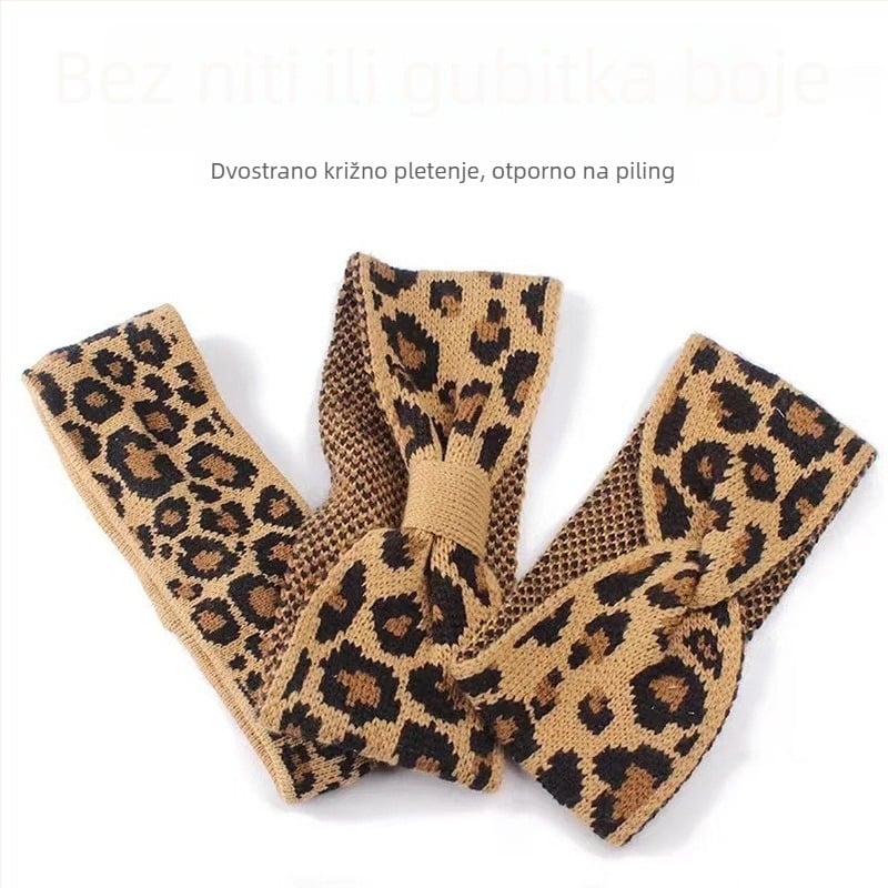 Pletena čelenka s leopard printom, protivklizna mašna, za pranje lica i uklanjanje šminke