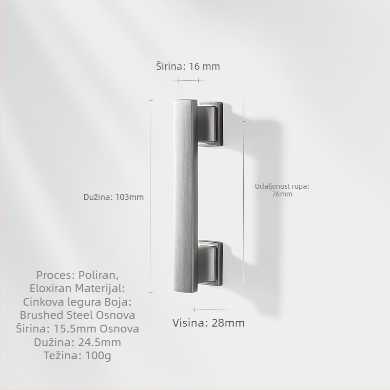 Duga ručka za ormariće i ladice (Marka: Zhuomeijia; Razmak rupa: 96 mm; Materijal: zinčana legura; Završna obrada: premaz)