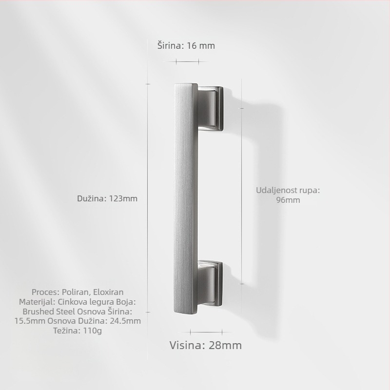 Duga ručka za ormariće i ladice (Marka: Zhuomeijia; Razmak rupa: 96 mm; Materijal: zinčana legura; Završna obrada: premaz)