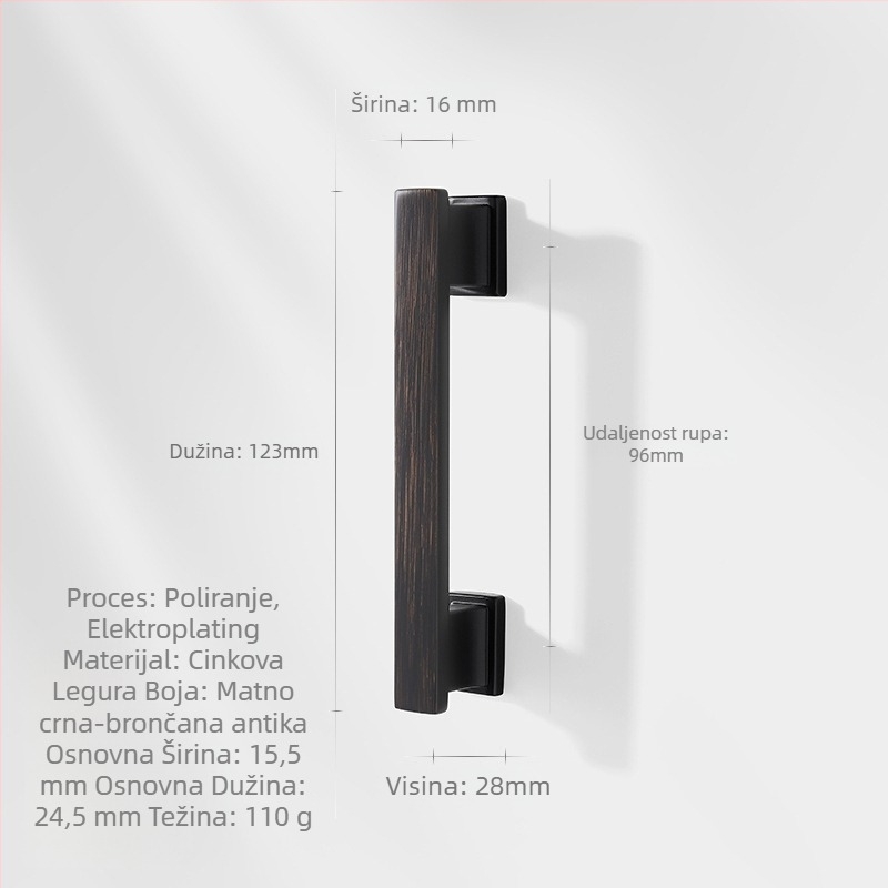 Duga ručka za ormariće i ladice (Marka: Zhuomeijia; Razmak rupa: 96 mm; Materijal: zinčana legura; Završna obrada: premaz)