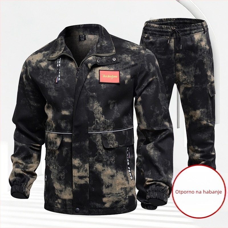 Muški kamuflažni radni komplet s dugim rukavima, otporan na habanje i mrlje, s reflektirajućim trakama; tkanina: Full Process Polyester-Cotton; glavni materijal: 100% poliester; podstava: 99% poliester; za rad u proljeće i jesen.