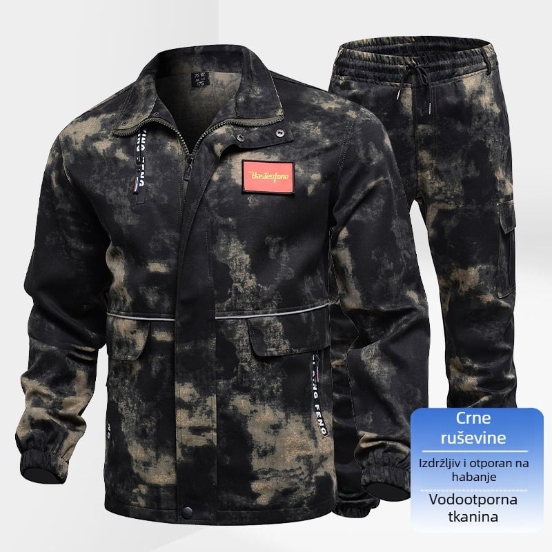 Muški kamuflažni radni komplet s dugim rukavima, otporan na habanje i mrlje, s reflektirajućim trakama; tkanina: Full Process Polyester-Cotton; glavni materijal: 100% poliester; podstava: 99% poliester; za rad u proljeće i jesen.
