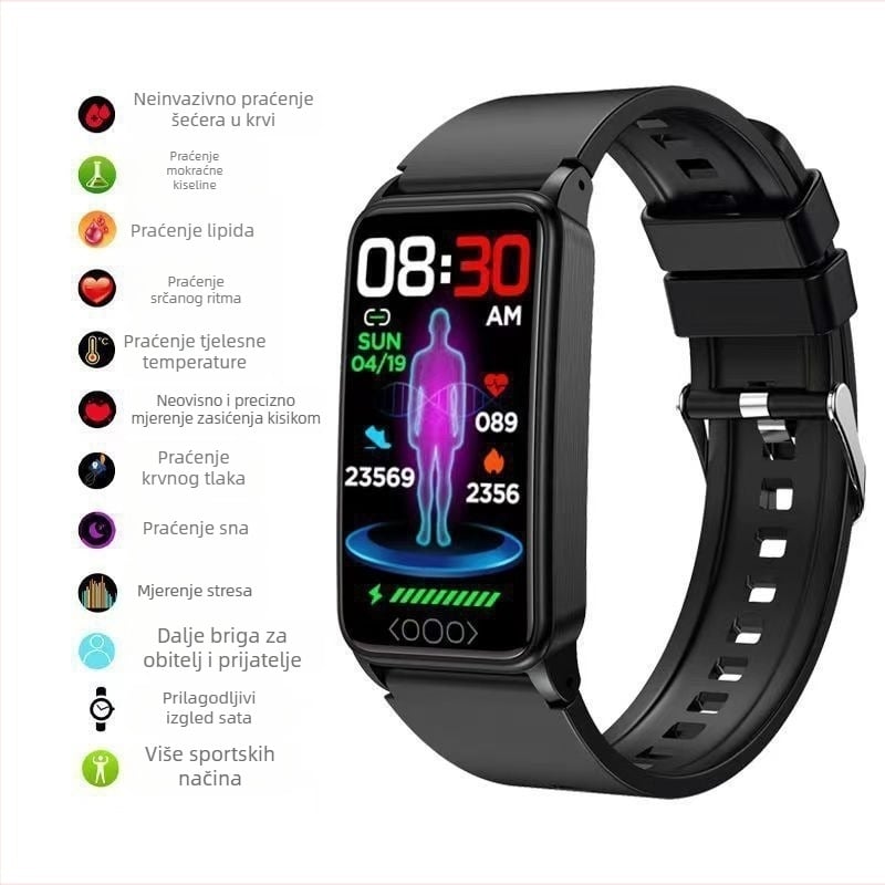 Pametna zdravstvena narukvica za medicinsku razinu praćenja: krvna glukoza, kisik u krvi, dinamički krvni tlak, mokraćna kiselina i tjelesna temperatura