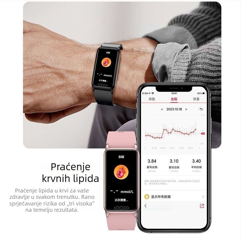 Pametna zdravstvena narukvica za medicinsku razinu praćenja: krvna glukoza, kisik u krvi, dinamički krvni tlak, mokraćna kiselina i tjelesna temperatura