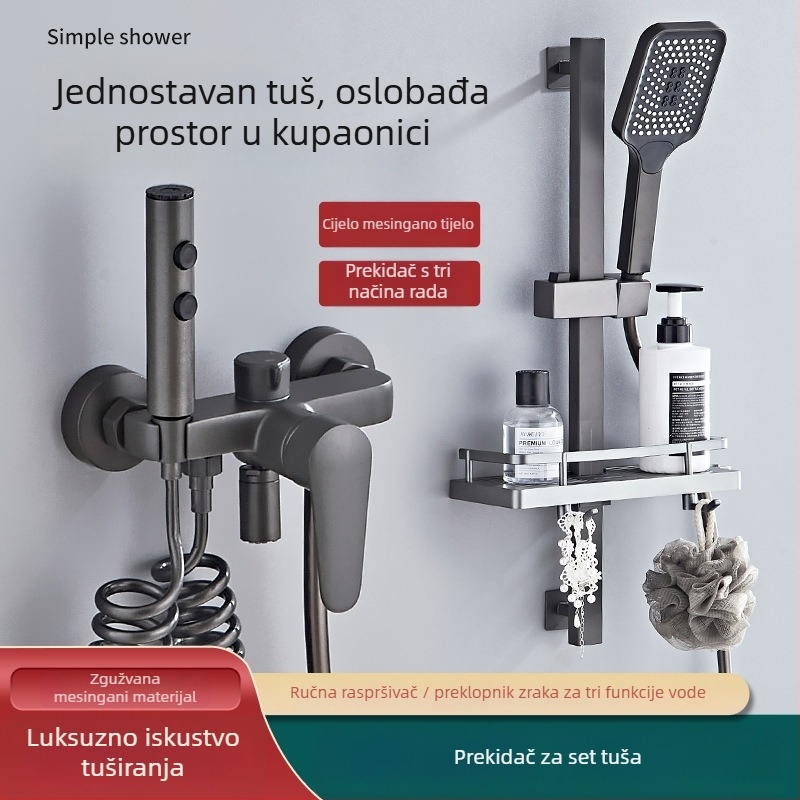 Bakreni set tuša s ugradnjom u zid, kišna funkcija, luksuzan stil, okrugla glava tuša