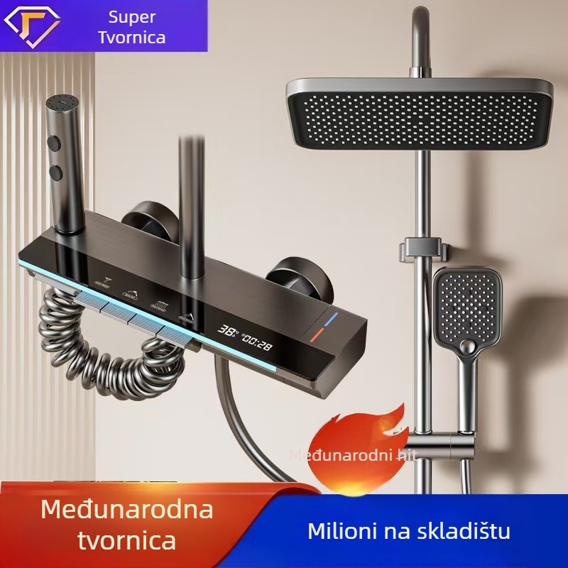 Tuš set, Model 555, Space aluminij, LED osvjetljenje, kvadratni tuš, ugradnja bušenjem