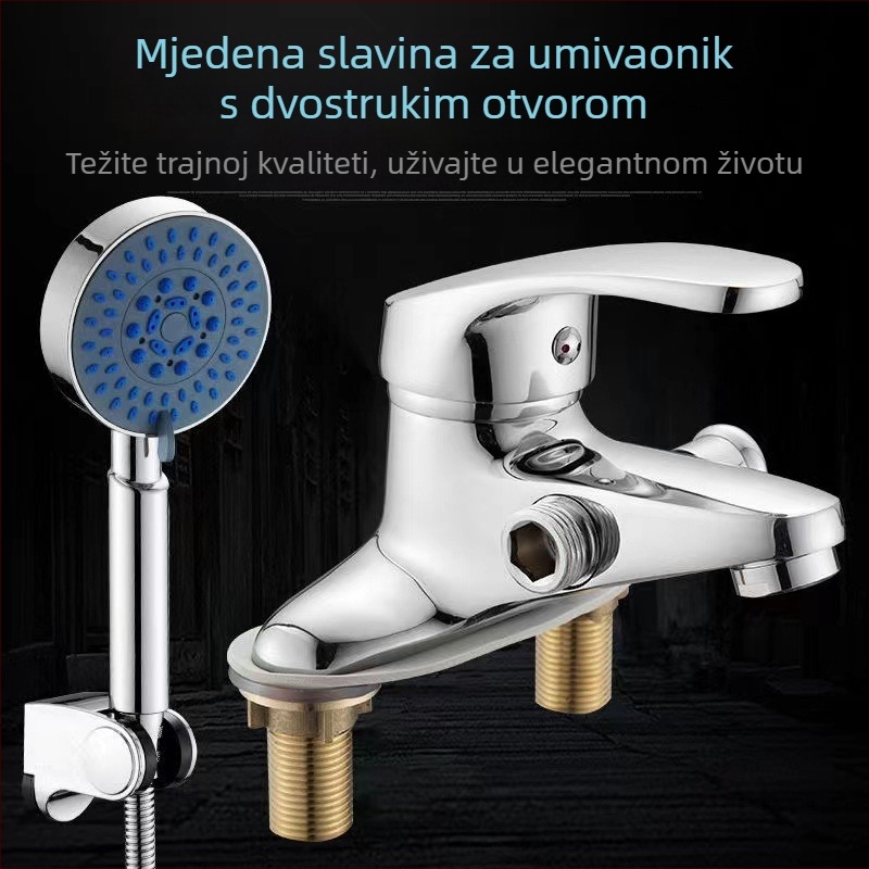 Kran za umivaonik s dva otvora i tušem, trostruki miješajući ventil, topla i hladna voda
