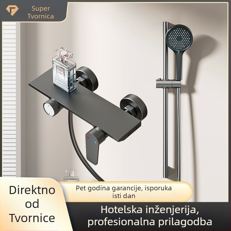 Set tuša s skrivenom instalacijom i pištolom za raspršivanje (Space aluminij, kontrola temperature, dvostruka regulacija vruće/hladne vode, kišna kiša, bušenje montaže)