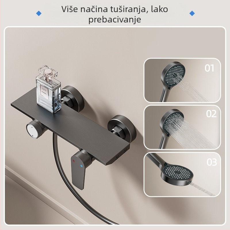 Set tuša s skrivenom instalacijom i pištolom za raspršivanje (Space aluminij, kontrola temperature, dvostruka regulacija vruće/hladne vode, kišna kiša, bušenje montaže)