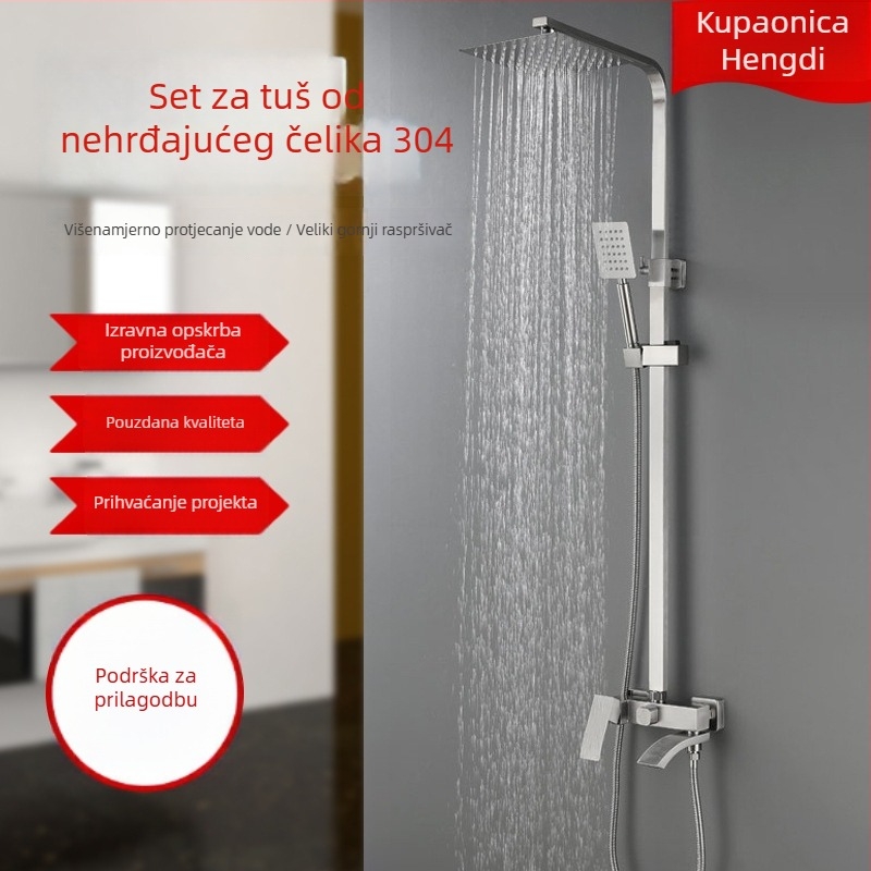 Set tuša od 304 nehrđajućeg čelika, kvadratni tuš, kišna funkcija, skrivena montaža, navojni sustav