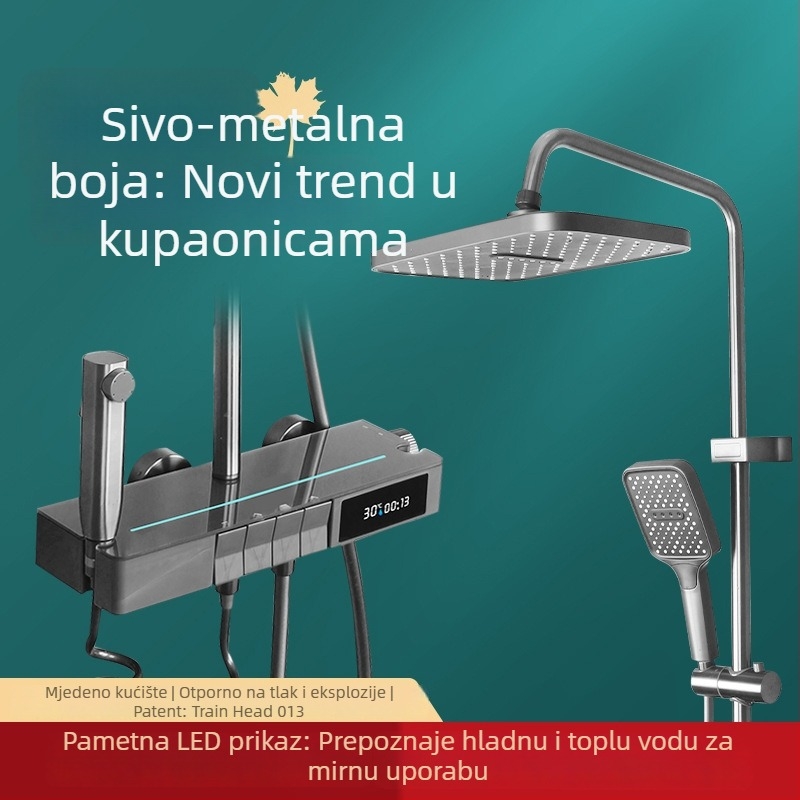 Tuš set, bakrena konstrukcija, četvrtasta tuš glava, površinsko montaža, kromirana završna obrada, radi do 90°C