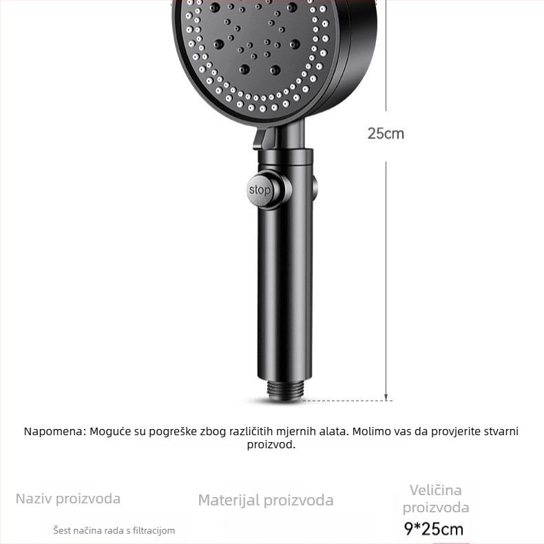 Ručna tuš glava s visokim tlakom i 5 načina rada (raspršivanje, masaža, kiša), ABS materijal, zidna montaža