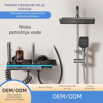 Kupaonski set s kontrolom temperature i ručnim tušem s četiri brzine, četvrtastog oblika, površinski montiran, anodizirani aluminij, model Ym-4209