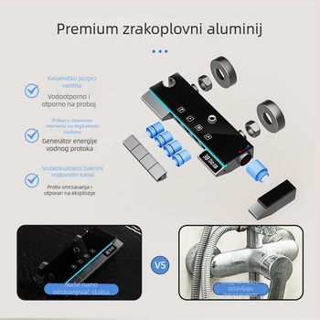 Kupaonski set s kontrolom temperature i ručnim tušem s četiri brzine, četvrtastog oblika, površinski montiran, anodizirani aluminij, model Ym-4209