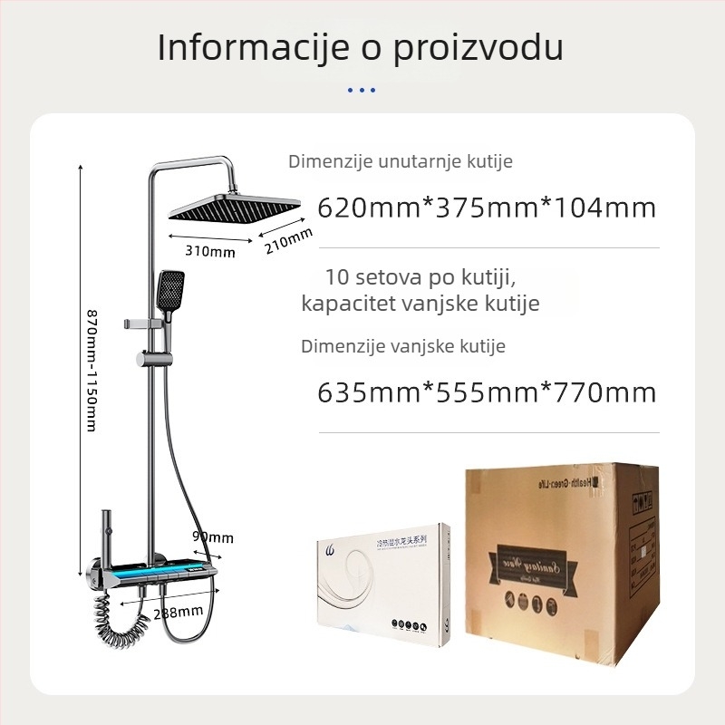 Kupaonski set s kontrolom temperature i ručnim tušem s četiri brzine, četvrtastog oblika, površinski montiran, anodizirani aluminij, model Ym-4209
