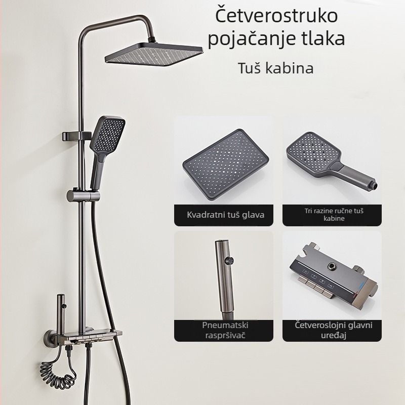 Tuš set od bakra, model Hs 03030301 Q, zidna montaža, četvrtasta glava tuša, regulacija temperature, kišna mlaznica i LED svjetlo