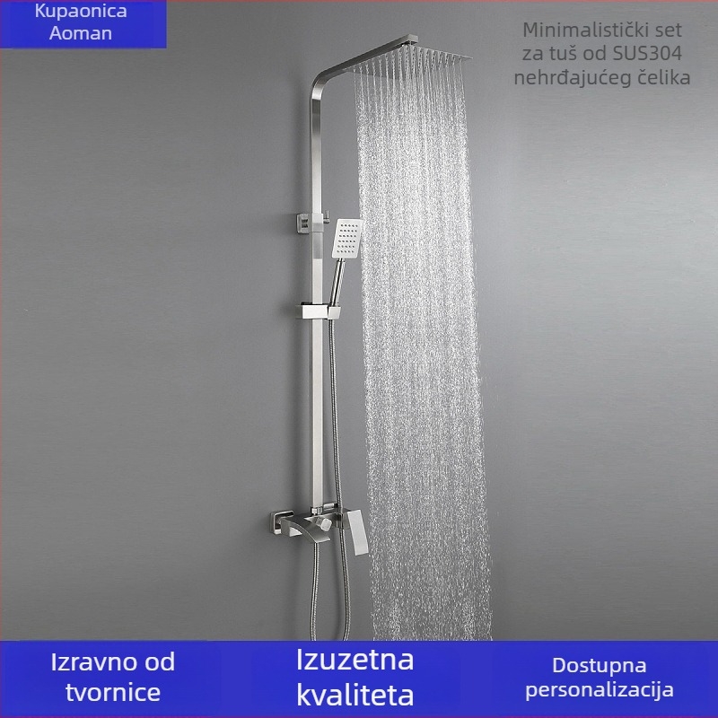Zidni set za tuširanje od 304 nehrđajućeg čelika, kvadratnog dizajna; radna temperatura ≤90°C, nazivni tlak 0,8 MPa
