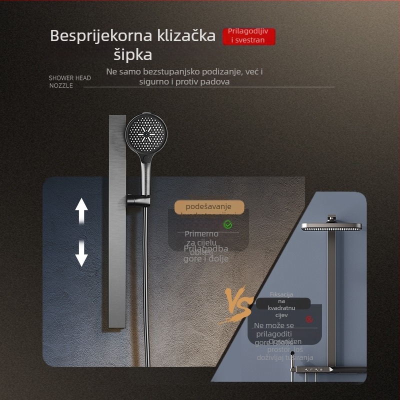 Kupaonski tuš set, bakreno tijelo, ručni i zidni, kišna glava, dvostruka kontrola temperature, 0,5 MPa