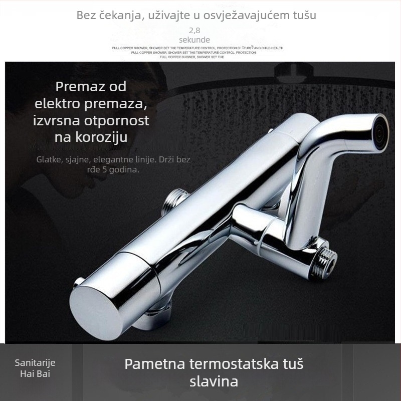 Bakarni termosatski tuš miješalica s električnim grijačem vode, model 61210, zidna montaža, radna temperatura 38–50°C, nazivni tlak 3,5 MPa